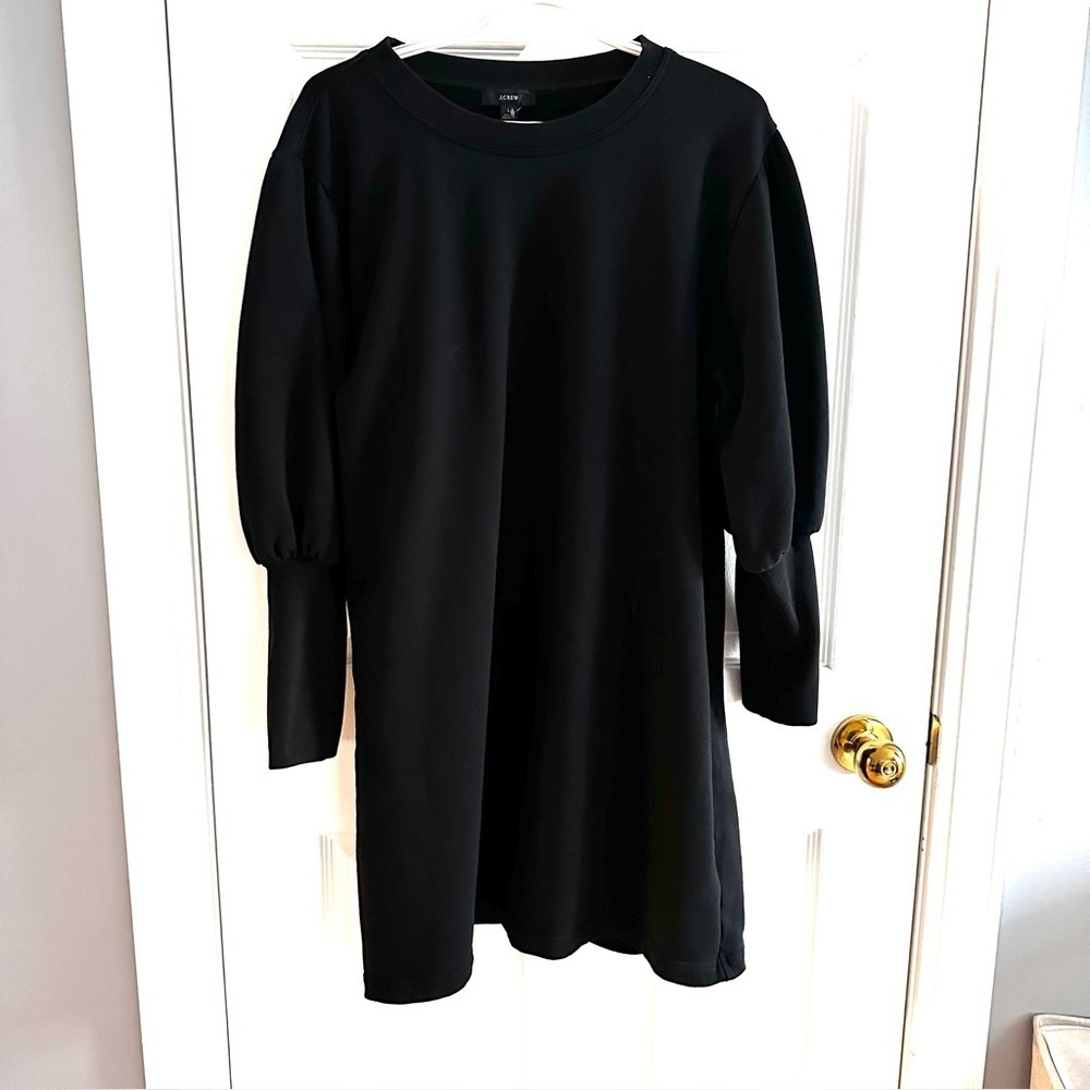 J.Crew Jersey Sweater Dress, Black, Size L, Puffy Upper Sleeves, EUC